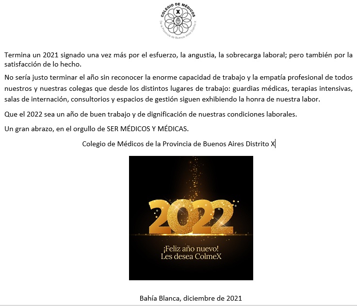 FELIZ AÑO Colegio de Médicos de Bahia Blanca